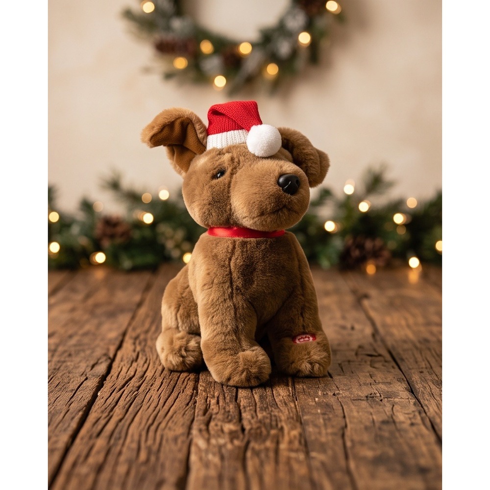 Christmas Animated‎ Singing Dog Plush Brown Puppy Santa Hat Red Ribbon